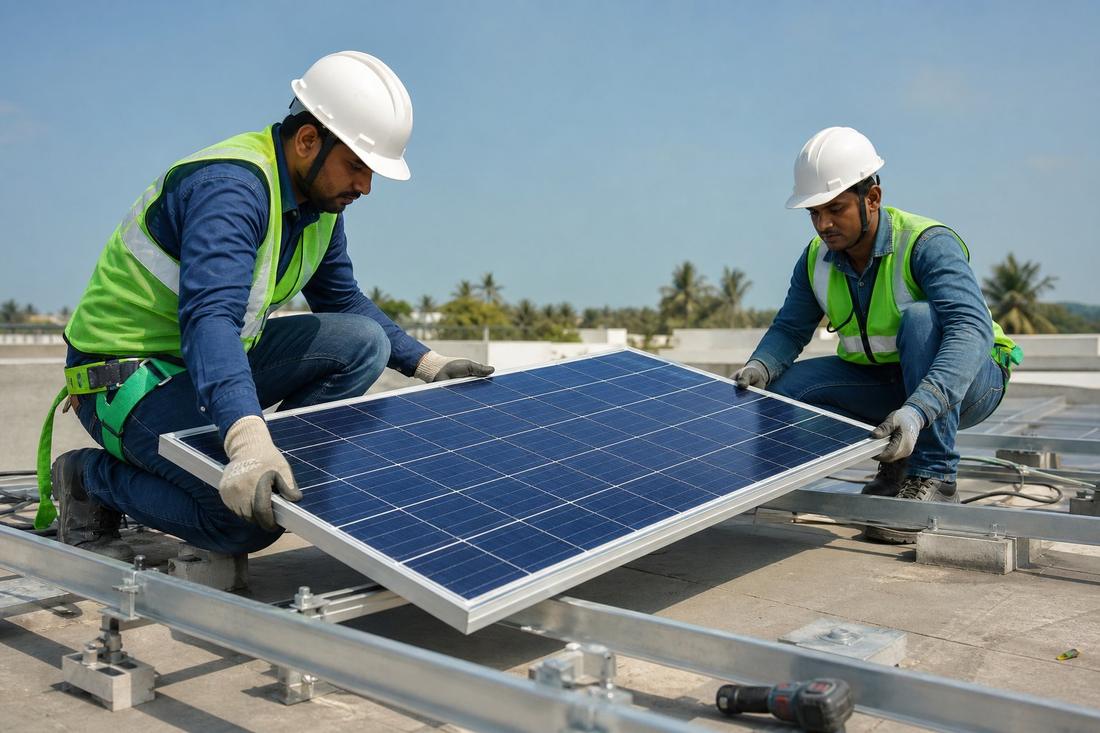 Go Green Helious technicians installing solar panels on a rooftop